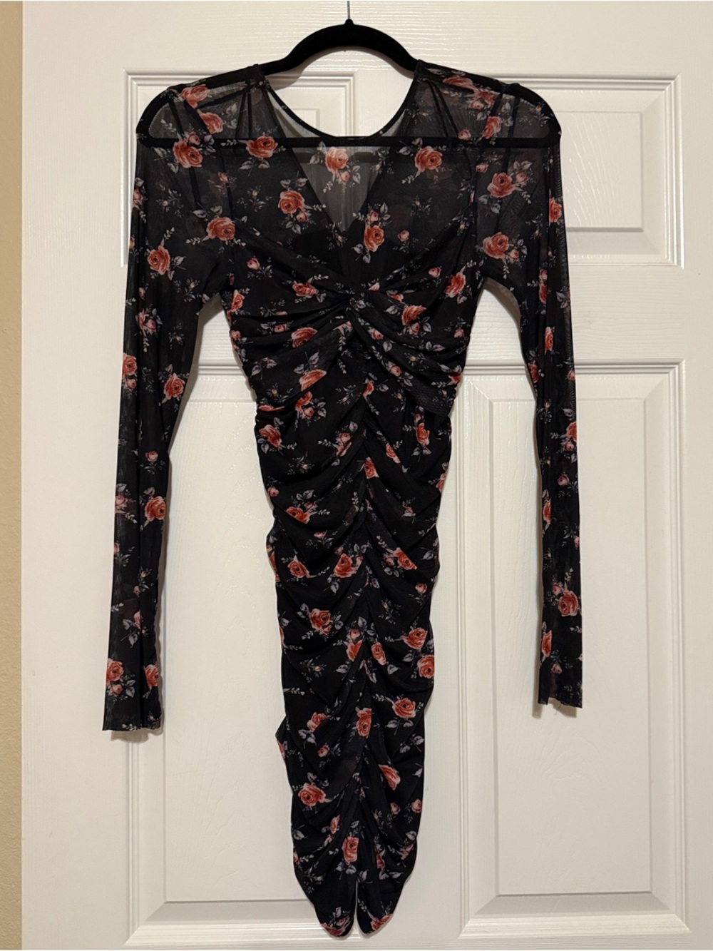 Zara Black Long-Sleeve Ruched Floral Midi Dress with Red Rose Print